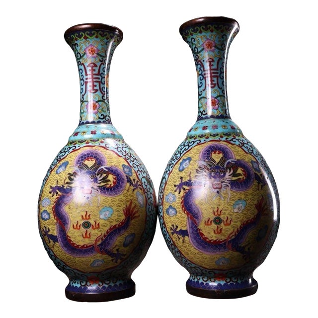 Monumental Pair of Chinese Cloisonné "Dragon" Vases With Qianlong Mark - 18 LBS For Sale