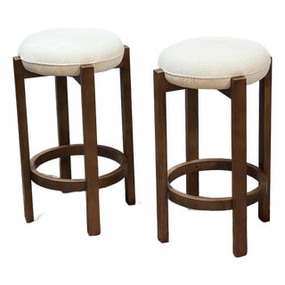 Dark Walnut + Boucle Counter Stools, Pair For Sale