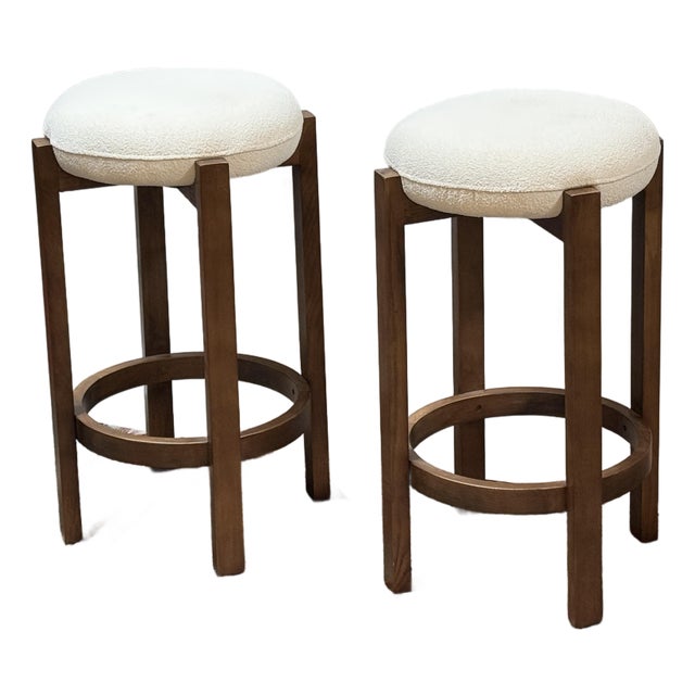 Dark Walnut + Boucle Counter Stools, Pair For Sale