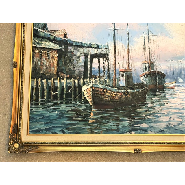 Nautical Vintage Signed & Framed W. Haywood Painting on Canvas, Boats and Old Boathouse For Sale - Image 3 of 10