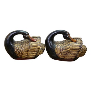 Pair Mid Century Chinese Lacquered Carved Hardwood Swan Sculptures Decoy 13" For Sale