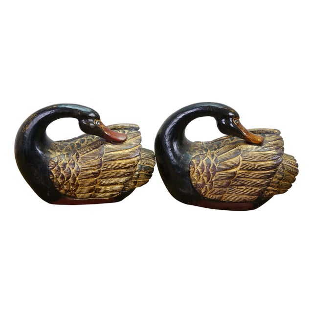 Pair Mid Century Chinese Lacquered Carved Hardwood Swan Sculptures Decoy 13" For Sale