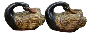 Pair Mid Century Chinese Lacquered Carved Hardwood Swan Sculptures Decoy 13"