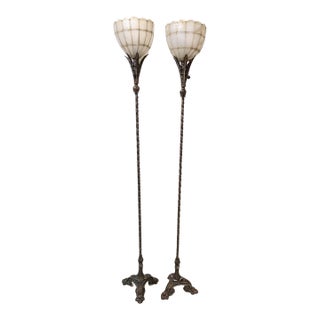Pair of Antique Ealy 1900's Art Nouveau Cast Metal Torchiere Floor Lamps With Capiz Shell Tulip Shades For Sale