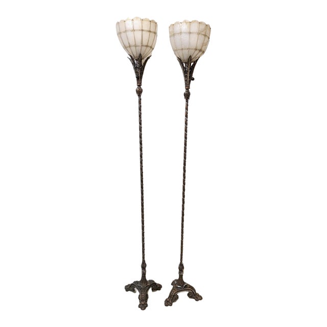 Pair of Antique Ealy 1900's Art Nouveau Cast Metal Torchiere Floor Lamps With Capiz Shell Tulip Shades For Sale
