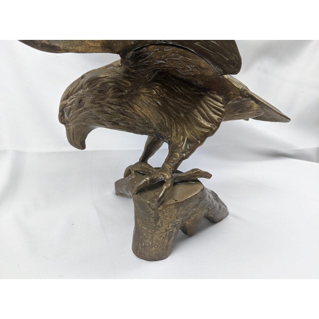 Vintage Solid Brass Eagle Sculpture on Branch Pedestal Base, 19" Wingspan For Sale - Image 11 of 14