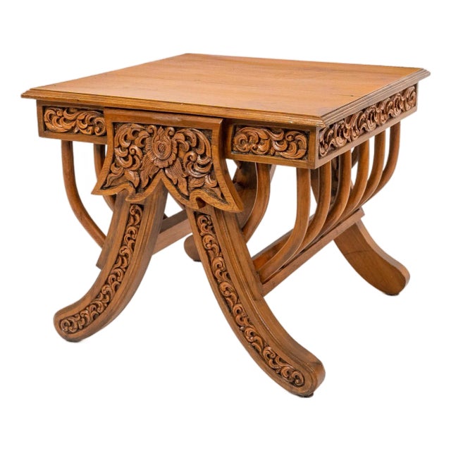 Early 1900s South Asian Burmese or Anglo-Indian Carved Teak Stool/Stand in Elephant Saddle Form For Sale