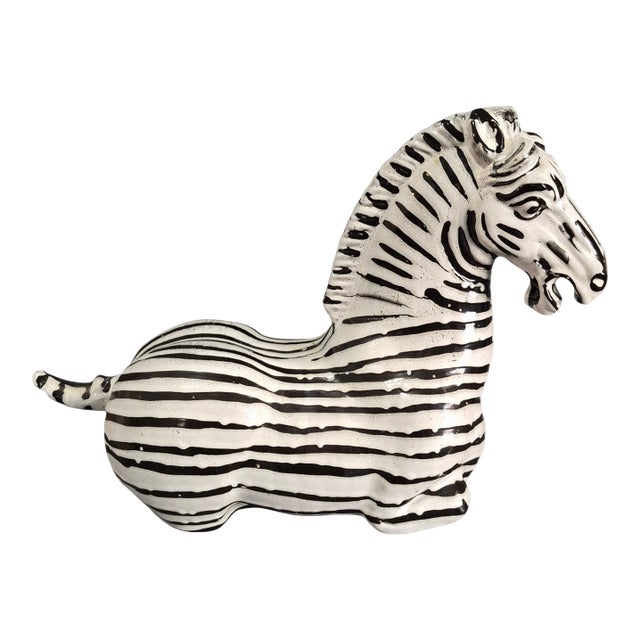 Vintage Mid Century Modern Decorative Italian Glazed Ceramic Zebra Statue Figurine For Sale