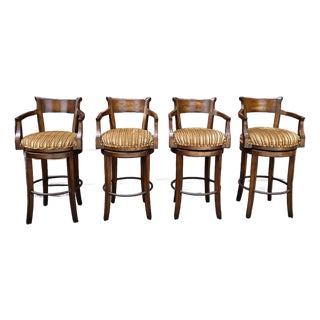 Set of Four Century Furniture Fruitwood Upholstered Swivel Bar Stools For Sale