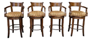 Set of Four Century Furniture Fruitwood Upholstered Swivel Bar Stools
