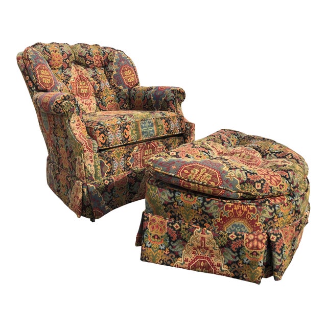 Late 20th Century Tapestry Club Chair and Ottoman Chairish