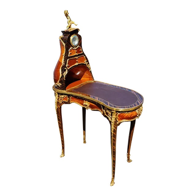 Elegant Lady French Style Marquetry Gilt Bronze Desk/Table With Clock for Home and Office. For Sale