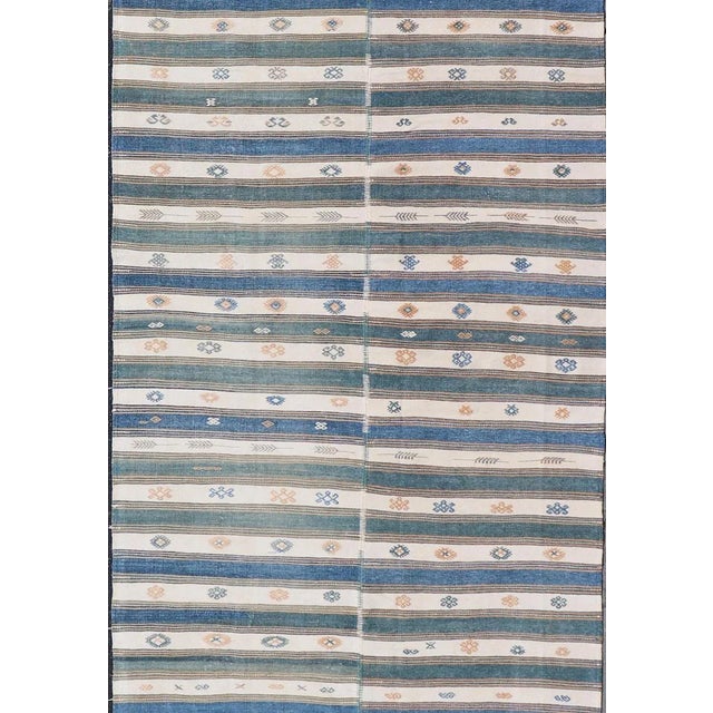 Tribal Vintage Turkish Cotton Kilim Rug With Teal, Blue, Cream, and Beige Stripes 4'6"x16'4" For Sale - Image 3 of 10