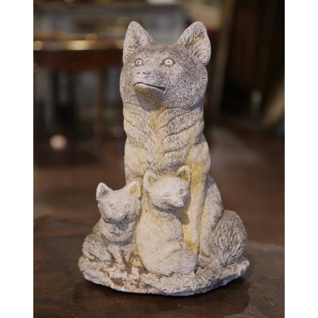 Mid-Century French Weathered Stone Garden Sculpture of Fox With Two Pups For Sale - Image 4 of 9