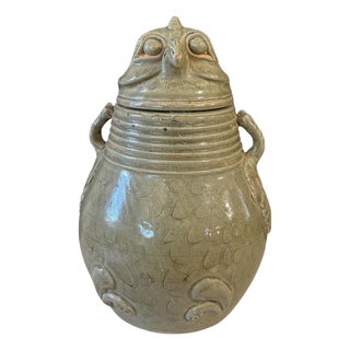Vintage Chinoiserie Song Style Celadon-Glazed Ceramic Owl-Shaped Jar With a Lid 11.5" H For Sale