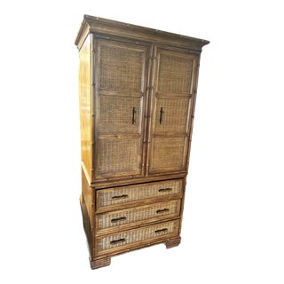 Vintage Fruitwood Faux Bamboo and Rattan Armoire - Late 20th Century For Sale