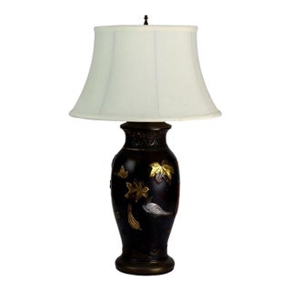 Antique Japanese Bronze & Mixed Metal Figural & Foliate Lamp C1920 For Sale