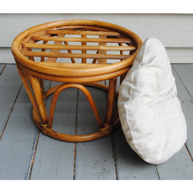 Mid-Century Modern Vintage Natural Bamboo Rattan Round Stool Ottoman With Cushion For Sale - Image 3 of 5
