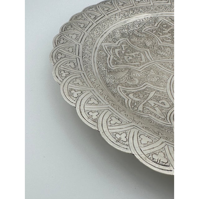 Traditional 1940s Egyptian Islamic Engraved Silver Tray, Scalloped Rim For Sale - Image 3 of 9
