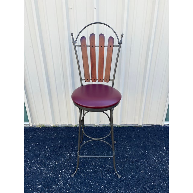 American 1990s Walter E Smith Wrought Iron and Leather Swivel Bar Stools- Set of 3 For Sale - Image 3 of 12