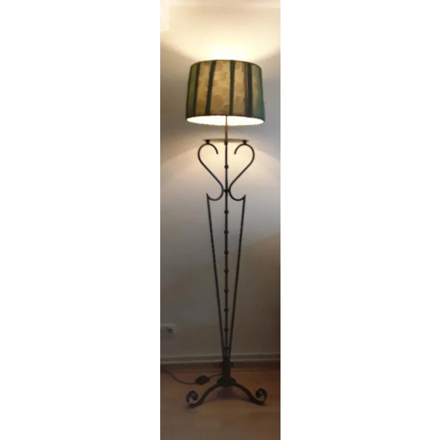 Vintage Floor Lamp with Filigree Iron Frame and Handmade Green Fabric Shade, 1980s For Sale - Image 3 of 9