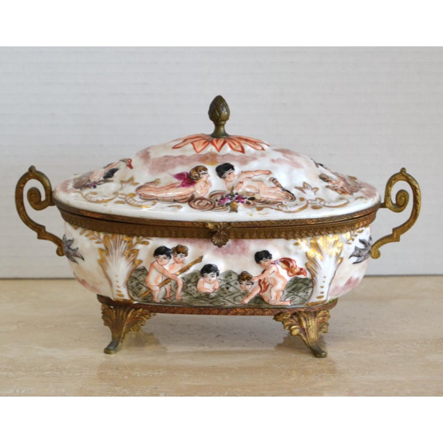 1950s French Hand Painted Lidded Bowl Ornate Angel Porcelain For Sale - Image 12 of 12