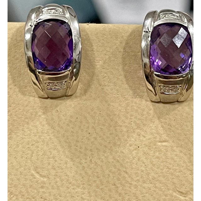 2010s 6 Carat Amethyst and Diamond 14 Karat White Gold Earrings, Omega Back For Sale - Image 5 of 18