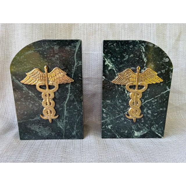 Vintage Medical Caduceus Green Italian Marble Heavy Bookends a Pair For Sale - Image 15 of 16