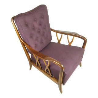 Wood & Purple Fabric Armchair attributed to Paolo Buffa, 1950s For Sale