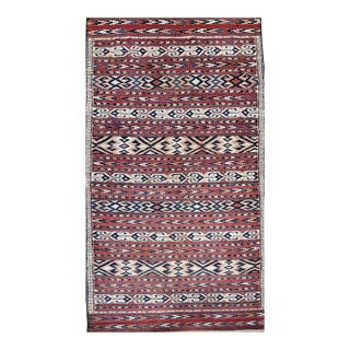 Antique Turkmen Yomut Soumak Kilim, Handwoven Wool, Geometric Pattern, Rust & Blue, 5x10 For Sale