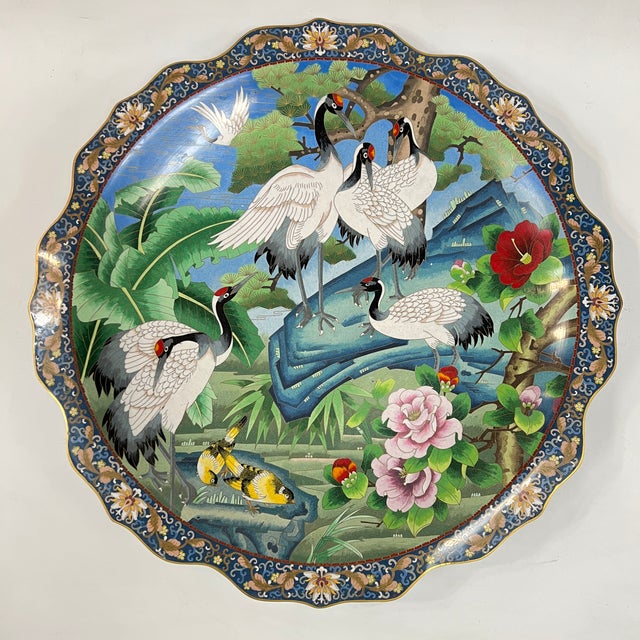 Metal Large Meiji Japanese Cloisonne Charger on Stand For Sale - Image 7 of 9