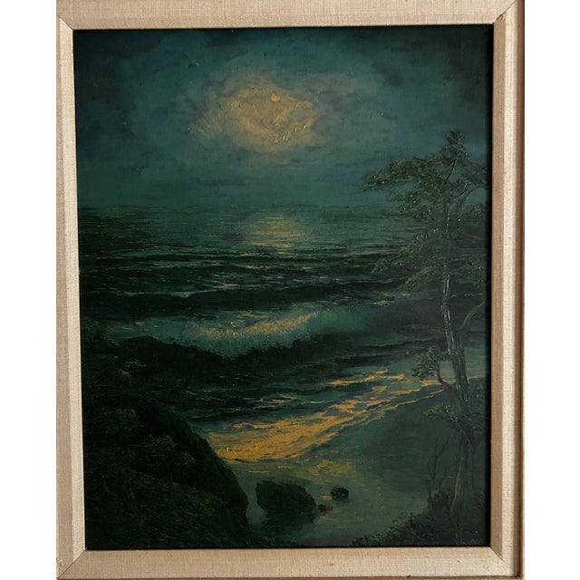 1960s Vintage Mid Century Impressionist Nocturnal Moonlight Seascape Oil Painting in Linen & Wood Frame For Sale - Image 5 of 8