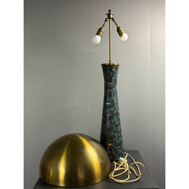 Mid-Century Modern Mid-Century Modern Mosaic and Brass Table Lamp with Gold Mushroom Metal Dome Shade, 1960s For Sale - Image 3 of 18