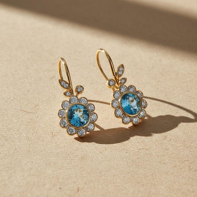 Art Nouveau Topaz Flower and Leaf Drop Earrings, Silver, Gold, Pair For Sale - Image 4 of 6