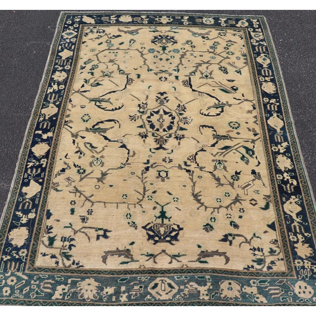 Vintage Turkish Oushak Rug With Vining Florals in Cream and Sapphire Blue For Sale - Image 9 of 15