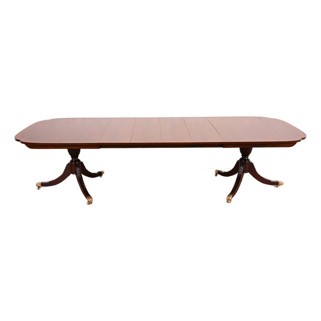 Stickley Georgian Banded Flame Mahogany Double Pedestal Extension Dining Table | Newly Refinished For Sale