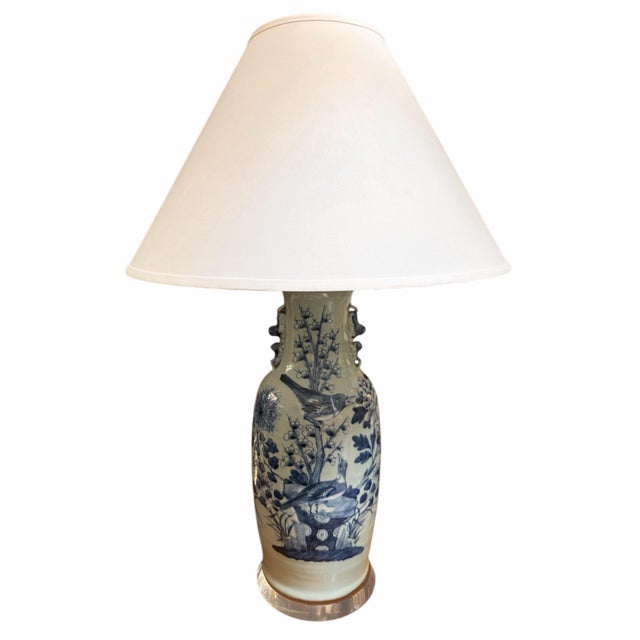 Pair of Antique Chinese Celadon Blue & White Pottery Vases Now Designer Lamps.