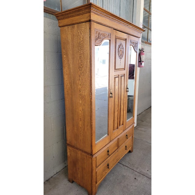 Early 20th Century Antique Armoire / Wardrobe English Oak With Beveled Mirror Doors For Sale - Image 5 of 18