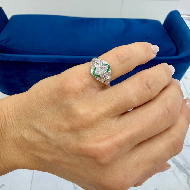 Antique Art Deco Platinum 0.97ctw Marquise Diamond Halo Emerald Engagement Ring, Size 5 For Sale - Image 9 of 9