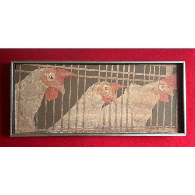 Petrea Harriss (American 20th century) painting on canvas - portrait of chickens or roosters in their coop. Wonderful...