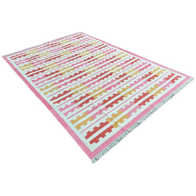 Mid-Century Modern Handmade Cotton Natural Vegetable Dyed Reversible Pink Yellow Red Marianne Rug - 12'x15' For Sale - Image 3 of 11