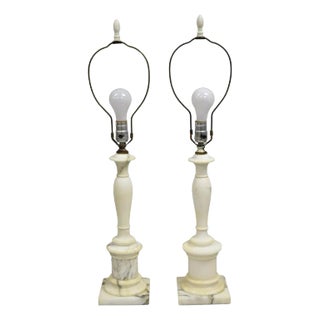 Vintage Italian Classical Carved White Marble Column Table Lamps - A Pair For Sale