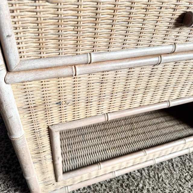 Boho Chic Coastal Faux Bamboo Wicker Glass Top Table on Casters and Nightstand- Set of 2 For Sale - Image 11 of 11