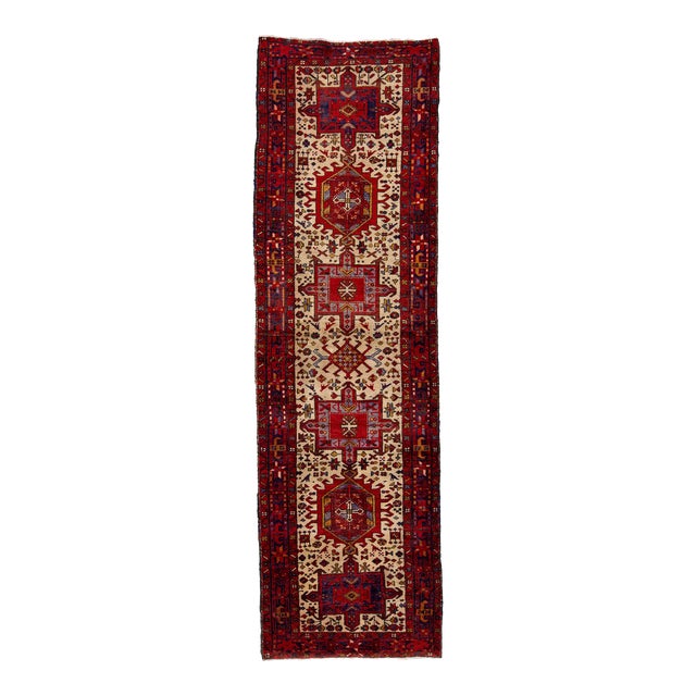 Allover Vintage Heriz Handmade Wool Runner in Beige and Red For Sale