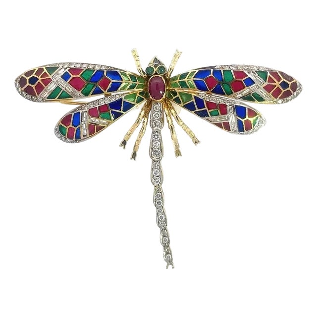 Diamond Plique-à-jour 18k Brooch Dragonfly Gemstone Enamel Yellow Gold For Sale
