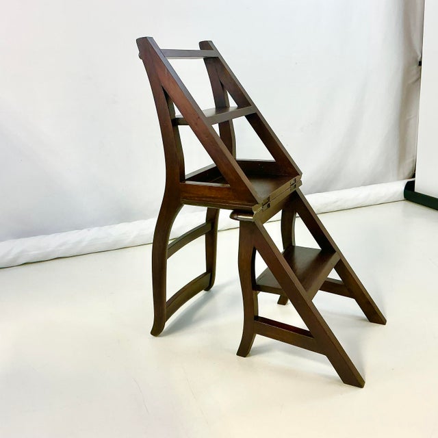 1970s 1970s Vintage English Hollywood Regency Arts & Crafts Library Steps Convertible Chair - 3 Step For Sale - Image 5 of 17