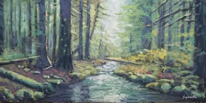 Sean Wu Original Oil Painting, a Stream in the Forest