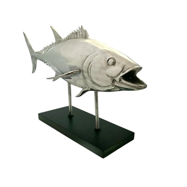 Late 20th Century Fish Sculpture Silver Color Tuna Statue on Base Coastal Nautical Decor For Sale - Image 4 of 8