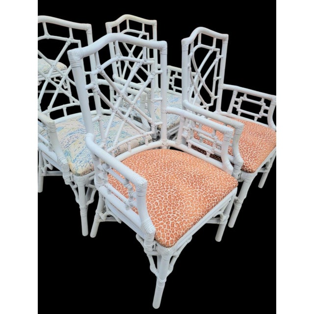 Vintage White Chinese Chippendale Lexington Rattan Palm Beach Regency Dining Room Chairs- Set 10 For Sale - Image 12 of 17