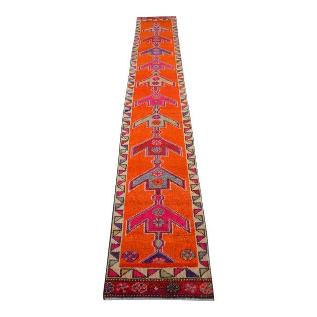 Hand-Knotted Turkish Runner Rug. Bright Orange Narrow Hallway Decor Kitchen Rug - 2' X 12'4" For Sale
